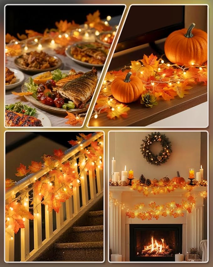 Luditek Fall Decor 3-Pack Fall Leaf Garland with Lights, Total 24.6ft 60 LED Halloween String Lights, Thanksgiving Decorations for Home Holiday Autumn Indoor Friendsgiving Gift
