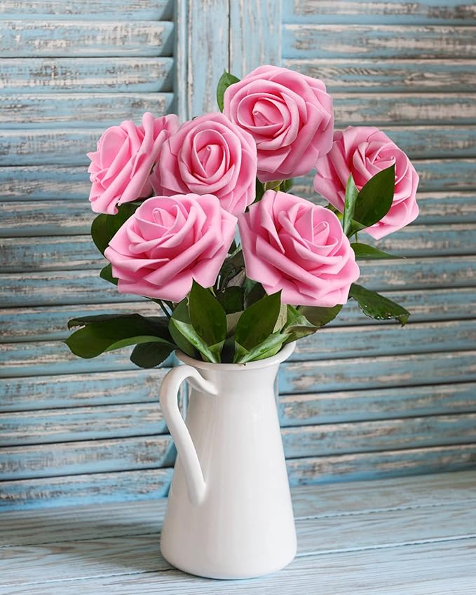 JOYLEX Artificial Flowers Realistic Roses, 25pcs Real Looking Fake Roses with Stem for DIY Wedding Bouquets Centerpieces Bridal Shower Party Home Romantic Decorations (Dark Pink)