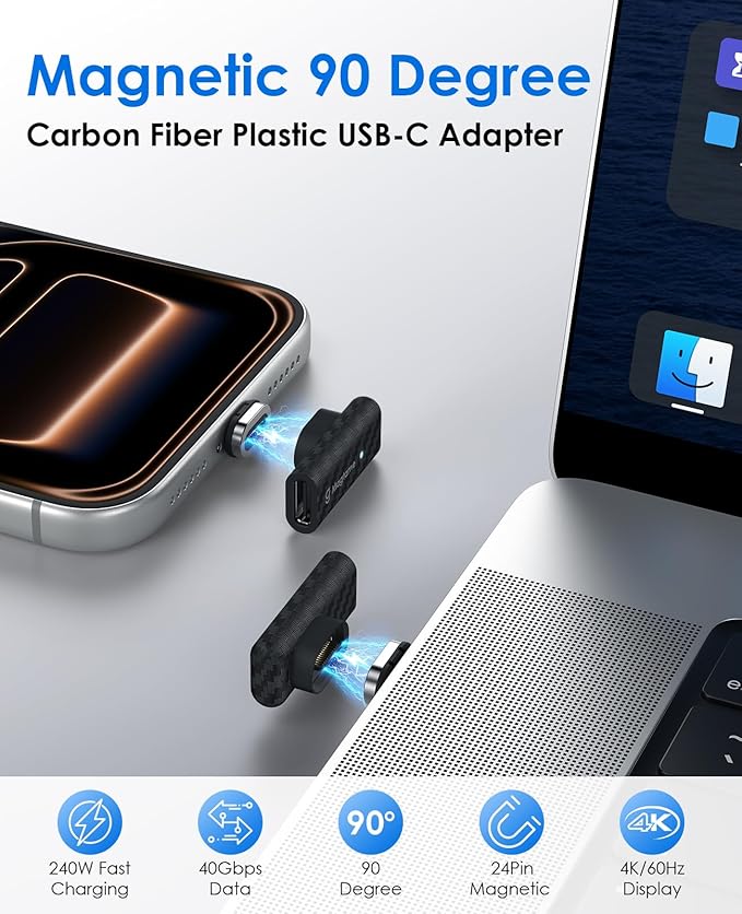 Magtame 2Pack 240W Magnetic USB C Right Angle Adapter, 24-Pin 90°USB-C Extender with Carbon Fiber Plastic Shell, Dust-Proof 40Gbps Fast Charging & 4K Video for Laptop, iPhone 17/16, USB4 Device Black