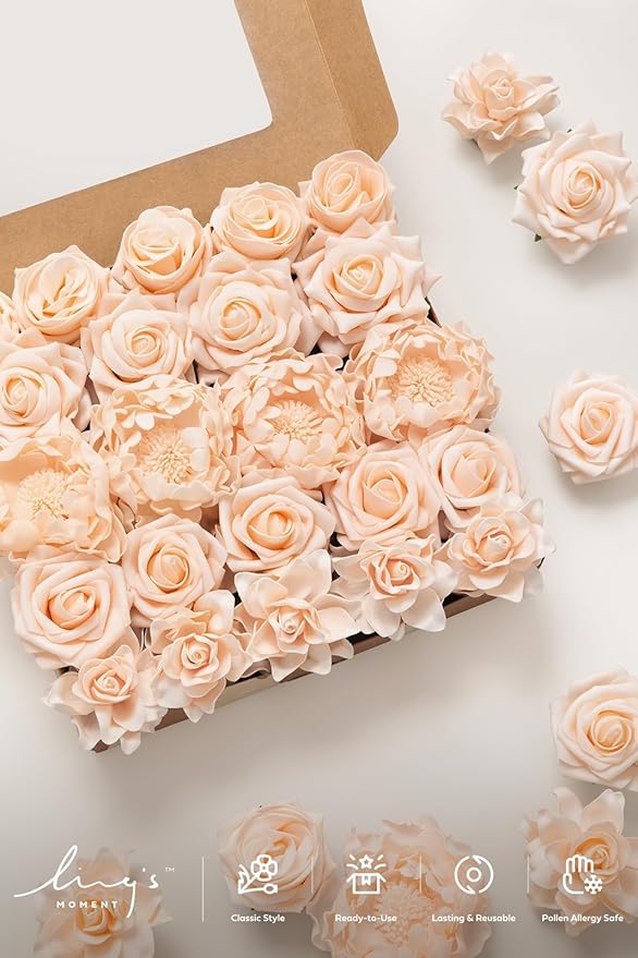 Ling's moment Artificial Flowers Fake Roses Gardenia Faux Foam Peony Combo for DIY Wedding Bouquets Centerpieces Arrangements Bridal Shower Party Home Decorations, Blush, 23pcs