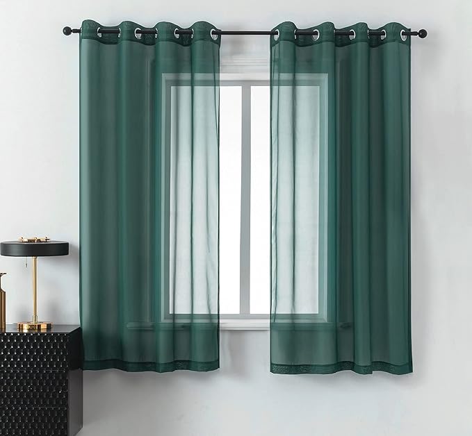 DUALIFE Hunter Green Sheer Curtains 63 Inch Length,Look Semi Sheer Curtain Drapes for Living Room Bedroom Loft Kitchen Bathroom Privacy Voile Window Treatment Panels,52 x 63 Inches,Set of 2