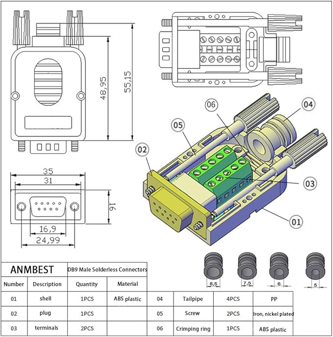 2PCS DB9 Solderless Connector, RS232 D-SUB Serial to 9-Pin Port Terminal Female Adapter Connector Breakout Board with Locking Housing