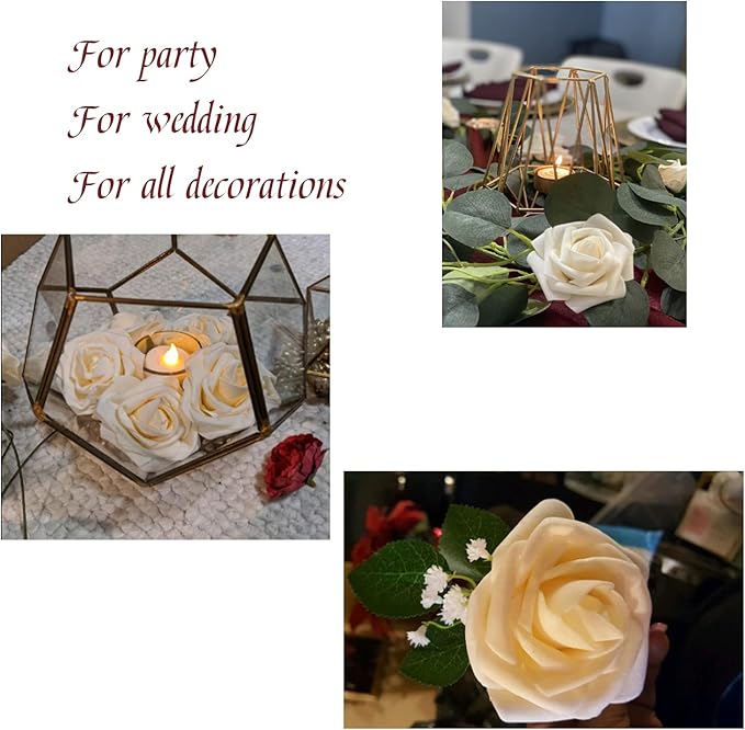 Champagne Artificial Fake Roses 25 PCS with Stem, Flowers for Crafts Bouquets for DIY Wedding Centerpieces Table Arrangements for Party Home Garden Decorations