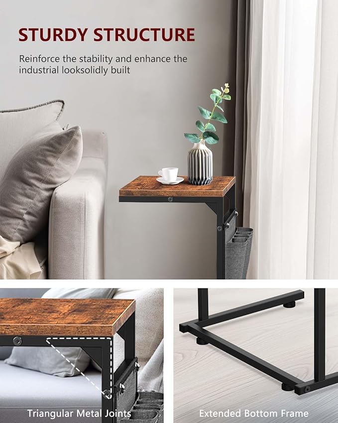 Vantic C Shaped End Table Set of 2, Small Side Table for Couch and Recliner, Slide Under Sofa Tray Desk with Storage Bag for Living Room and Bedroom, Rustic Brown