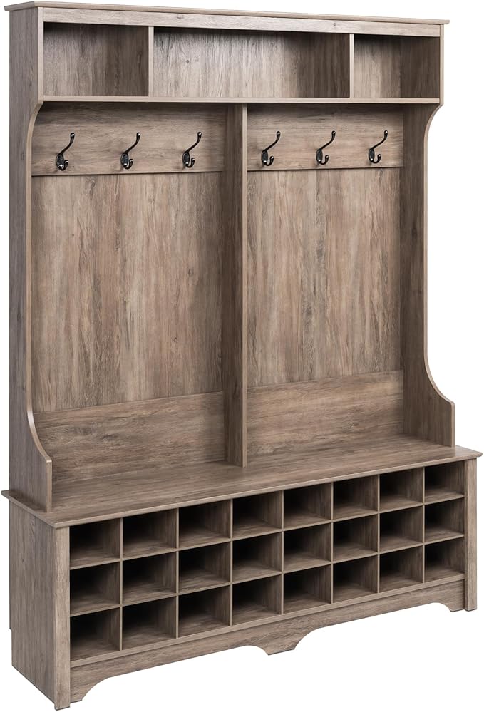 Prepac Gray Hall Tree, Shoe Cabinet, Storage Cabinet with 24 Shoe Cubbies and 6 Double Coat Hooks 15.5" D x 60" W x 77" H