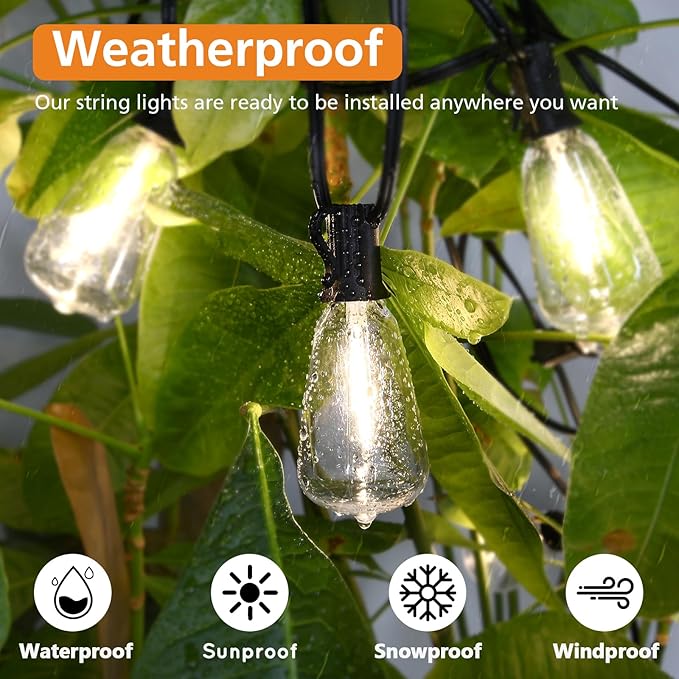 Brightever 200FT Outdoor String Lights with Remote, 2700K/4000K/5000K Selectable LED String Lights for Outside with 100+4 ST38 Edison Bulbs, 3 Modes Dimmable Patio Lights Waterproof for Camping, Deck