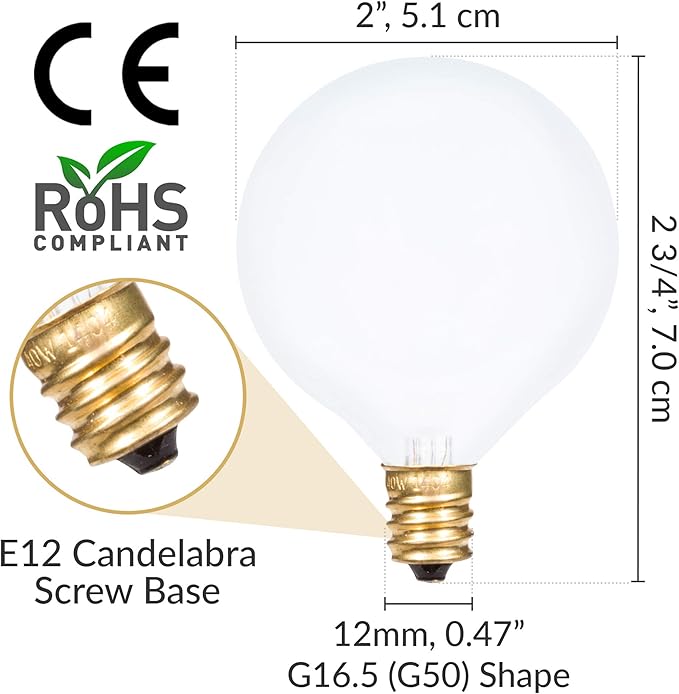 Simba Lighting Small Globe G16.5 Round Bulb 40W E12 Candelabra Base (10 Pack) for Chandelier, Ceiling Fan Light, Decorative Vanity Lights, Wall Sconce, Frosted Glass 120V, 2700K Warm White Dimmable