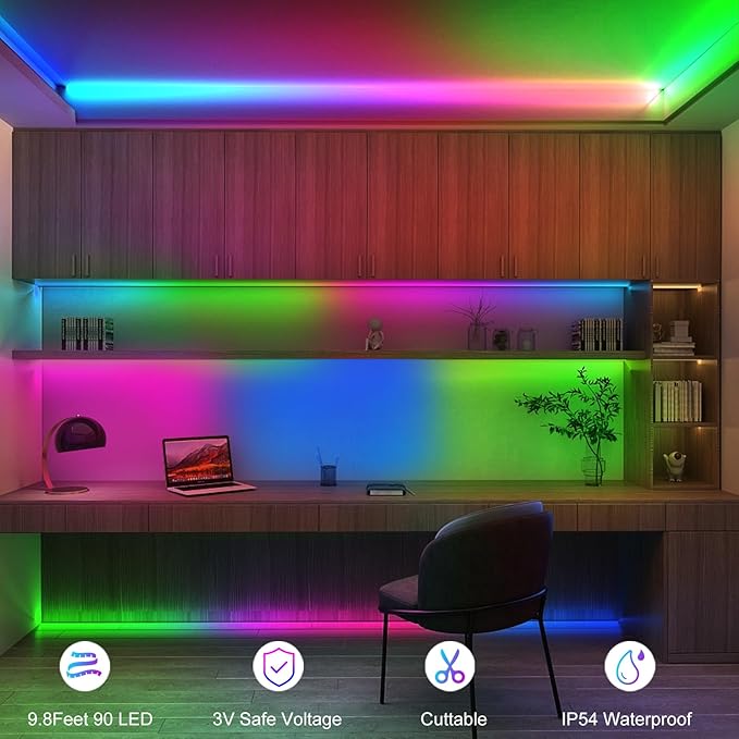echosari 9.8FT 90Led RGB Strip Lights Battery Powered Remote Control, 8 Modes, Dimmable, Timer, Self-Adhesive, Cuttable, Waterproof, for TV Computer Monitor/Screen Decor