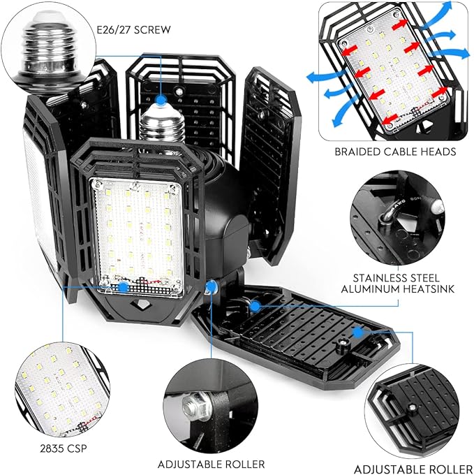 2 Pack LED Garage Lights 180W Deformable 18000LM Close to Ceiling Light Fixtures E26 E27 Screw-in Six Leaf Glow Lighting, Ultra Bright LED Shop Light with 6 Adjustable Panels for Work Shop Warehouse