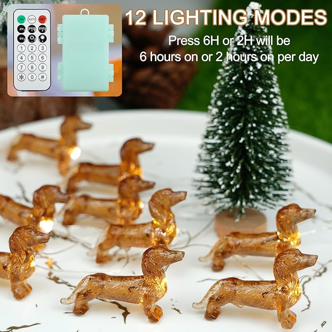 BOHON Dachshund Christmas Lights 10ft 30 LEDs Weiner Dog Christmas Decorations Fairy String Lights with Remote Battery Operated Dachshund Gift for Indoor Party Tree Puppy Pet Themed Ornament