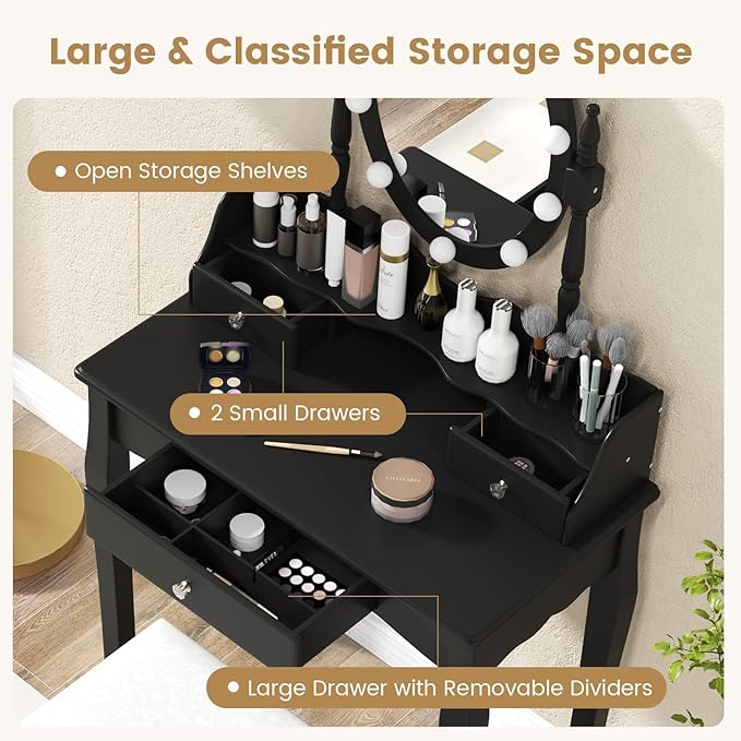 CHARMAID Girls Makeup Vanity Desk with Lights, Vanity Table with Lighted Mirror, 3 Lighting Modes, Adjustable Brightness, Modern Makeup Table with 3 Drawers and Stool for Small Space (Black)