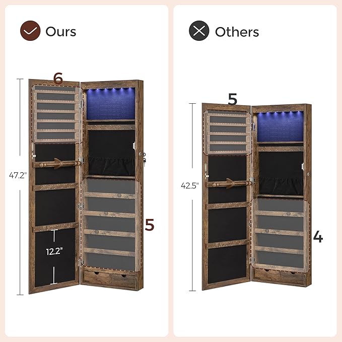 SONGMICS 6 LEDs Mirror Jewelry Cabinet, 47.2-Inch Tall Lockable Wall or Door Mounted Jewelry Armoire Organizer with Mirror, 2 Drawers, Christmas Gift, 3.9 x 14.6 x 47.2 Inches, Rustic Brown