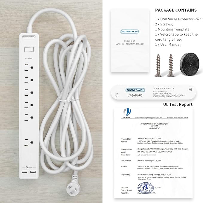 Extension Cord 15 ft, 6 Outlets Surge Protector Outlet, Heavy Duty Long Power Strip Flat Plug, 1875W Flat Plug, Widely Spaced Outlet, Wall Mount for TV Dorm Office Home Theater, White