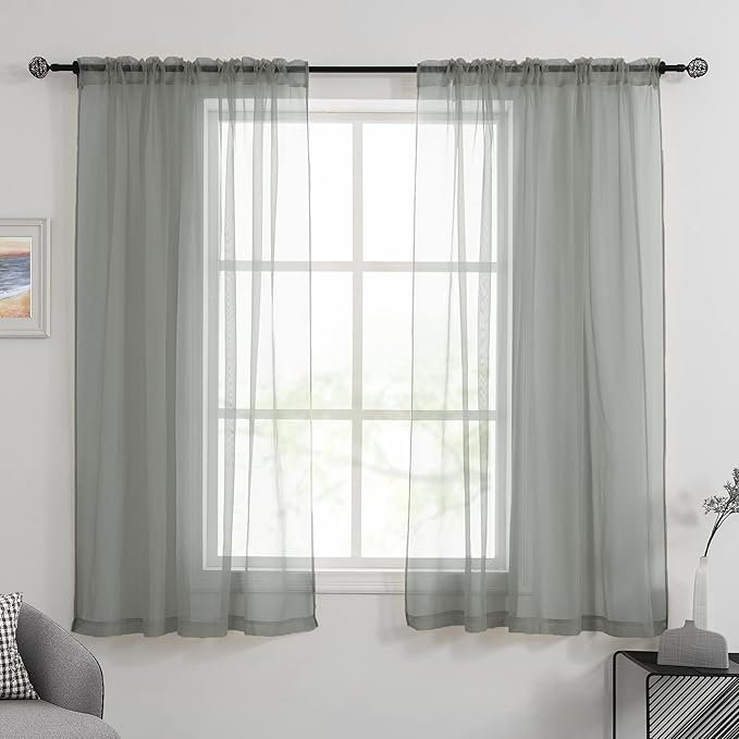 HUTO Sage Grey Sheer Window Curtains 52 by 63 Inch Length Rod Pocket Window Sheer Panels Drapes 2 Panels Curtains for Bedroom Living Room Nursery