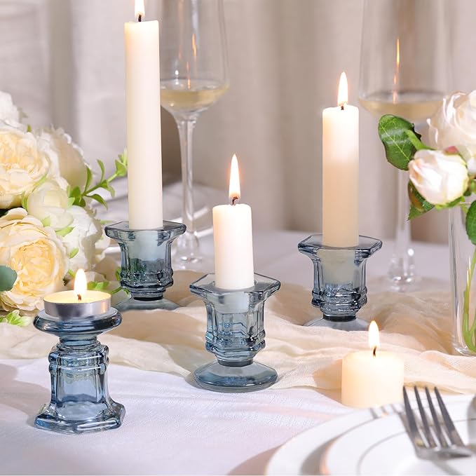 Blue Candlestick Holders Bulk, 12 Pcs Glass Candle Holders Set,Crystal Taper Candle Holder for Wedding, Table Centerpiece, Home Decoration