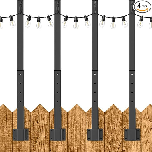 4 Pack 2.8Ft Suspension Outdoor String Light Poles for Outside String Lights Hanging,with Clip and Holder,Light Post Mounting Stand for Patio Fence Wall Garden Backyard Deck