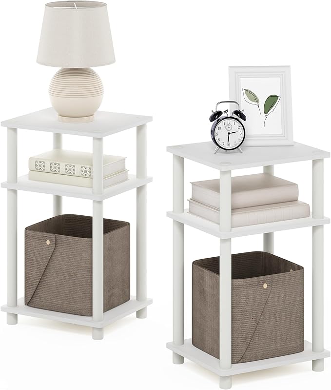 Furinno JUST Night Stand Set of 2, 3-Tier Turn-N-Tube Nightstand, Toolless Bedside Tables, End Table, Side Table with Open Storage for Bedroom, Living Room, Bathroom, White