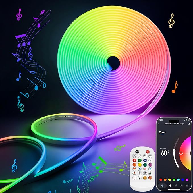 Lamomo Led Strip Lights, 16.4Ft RGB Neon Led Lights for Bedroom, 12v App Control Music Sync Color Changing Rope Light, Waterproof Flex Neon Sign for Indoor Decor（Without Power Adapter）