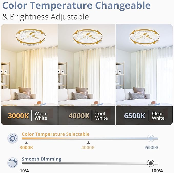 LEDIARY 2 Pack 24 Inch Modern Ceiling Fans with Lights and Remote, Dimmable Flush Mount Ceiling Fan, Gold Low Profile Ceiling Fan with 3 CCT and 6 Speeds