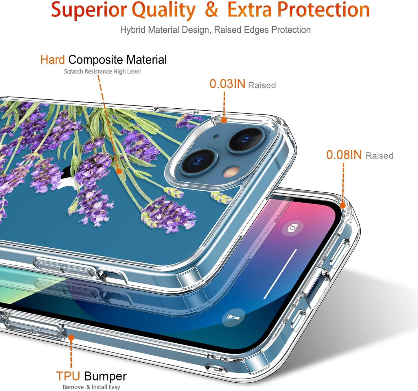 GiiKa iPhone 13 Case with Screen Protector, Clear Full Body Protective Floral Girls Women Shockproof Hard Case Purple
