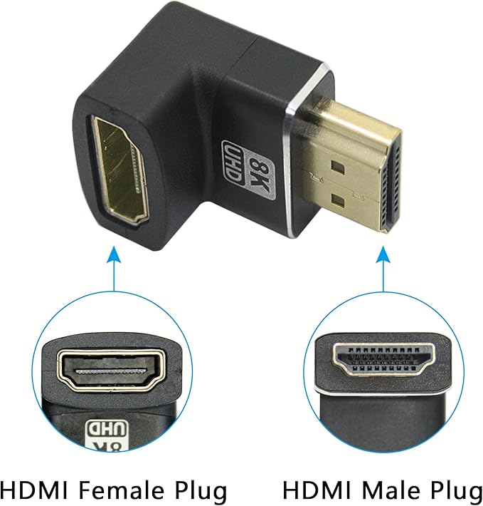 Right Angle HDMI Male to HDMI Female Adapter 8K, Up Angle Gold Plated 90 Degree and 270 Degree, Supporting 8K@60Hz, 4K@120Hz, Suitable for Laptops, PC, Projectors, etc- 2Pcs