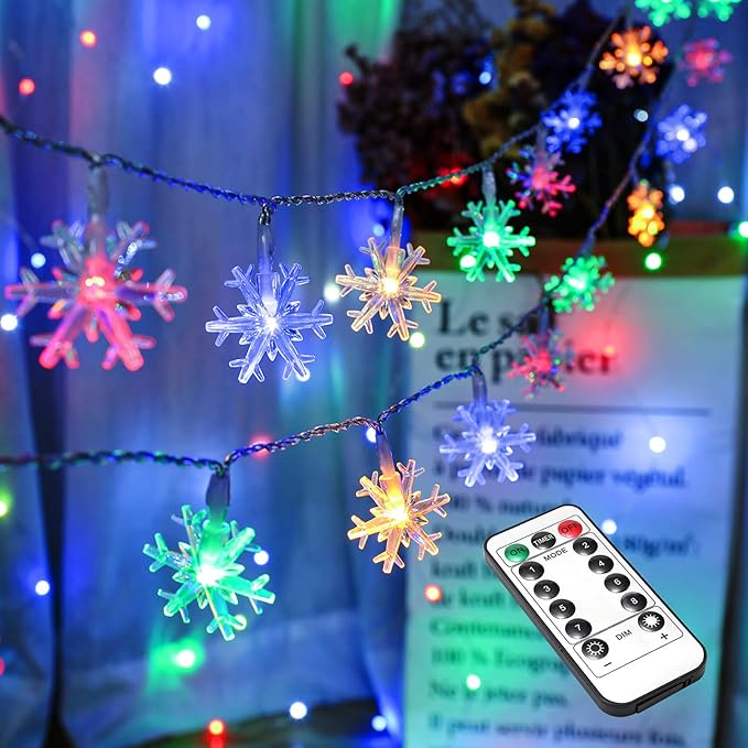 BrizLabs Colored Snowflake Lights, 40 LED 16.08ft Snow Flake Christmas Lights with Remote, 8 Modes LED String Lights Waterproof, Dimmable Battery Xmas Lights for Indoor Outdoor Christmas Tree Decor