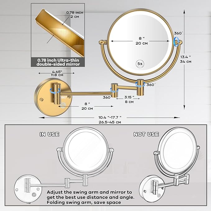 Hardwired Lighted Magnifying Makeup Mirror Wall Mount Gold, 1/5X Double Sided Vanity Mirror Bathroom, Touch Dimming, 360 Rotation Extension Arm Shaving Light up Mirror, Brushed Moderne Brass
