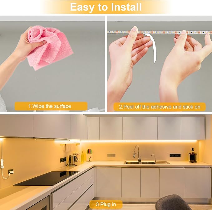 LAFULIT 10 PCS Under Cabinet Lights Kit, Stick on Lights, Flexible Led Strip Lights with Remote and Power Adapter, for Kitchen Cabinets Shelf Desk Counter Corner, 2700K Warm White, 16.4ft
