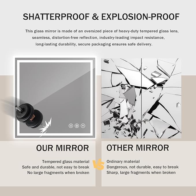 Koonmi Home Gym Mirror, 47"x47" Heavy Duty Large Seamless Tempered Glass Wall Mirrors with LED Lights for Gym, Workout, Yoga, Fitness, Dance Studio, Home, Exercise Room, Bathroom