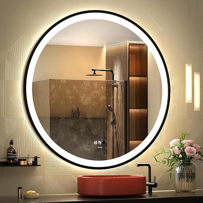 LED Sensor Mirror, Round Human Body Induction, Black Framed Vanity Mirror, Illuminated Dimmable Anti Fog IP44 Waterproof Wall Mounted Mirror (32" L x 32" W)