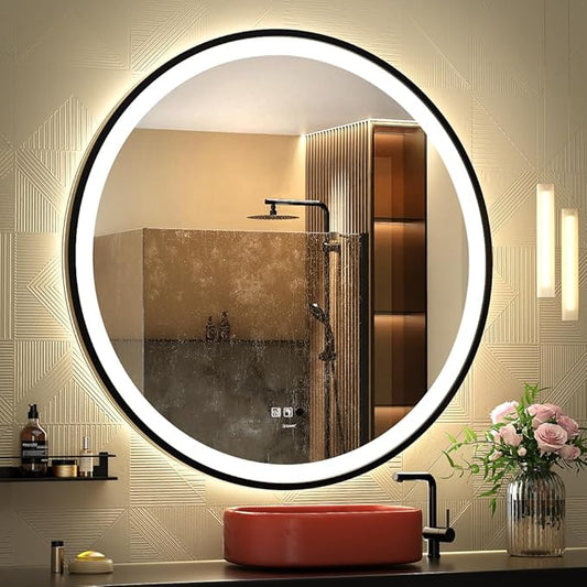 LED Sensor Mirror, Round Human Body Induction, Black Framed Vanity Mirror, Illuminated Dimmable Anti Fog IP44 Waterproof Wall Mounted Mirror (32" L x 32" W)