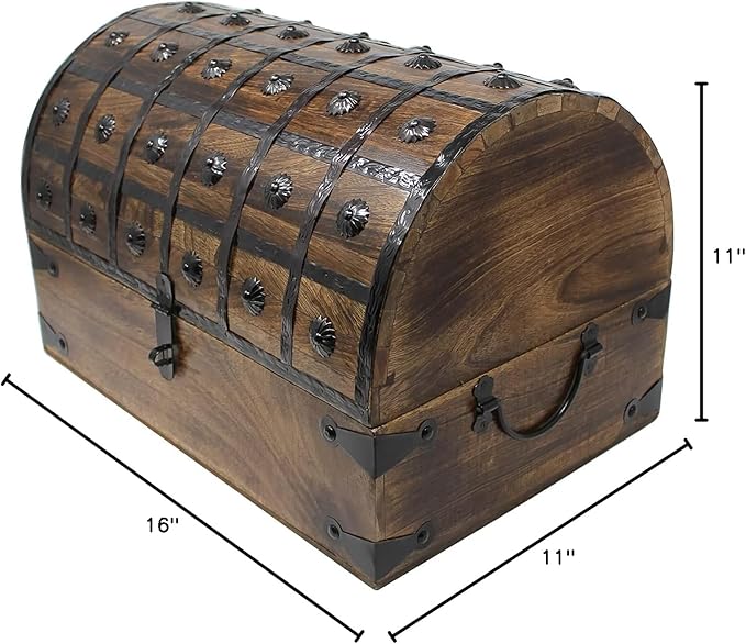 Nautical Cove Handmade Pirate Treasure Chest for Kids Prizes & Classroom with Lock and Skeleton Keys – Lockable Wooden Storage Chest Box, Pirate Decor, Decorative Wooden Box - X-Large 16x11x10.5