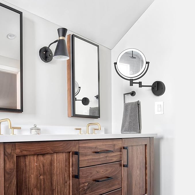 Wall Mounted Makeup Mirror with Lights and 10X Magnification, 8" Rechargeable Double Sided Touch Dimmable Foldable Extended Arm 360 Rotation for Bathroom, Matt Black