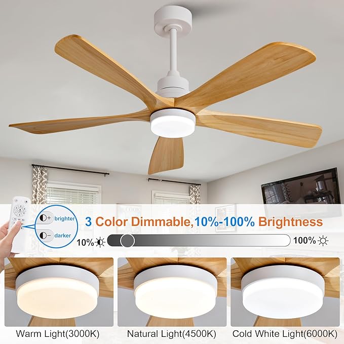 52 Inch Outdoor Ceiling Fans with Lights and Remote Control, Dimmable 5 Blade Wood Outdoor Ceiling Fans for Patios, White Natural Wood Bedroom Ceiling Fan with Lights, Noiseless DC Motor