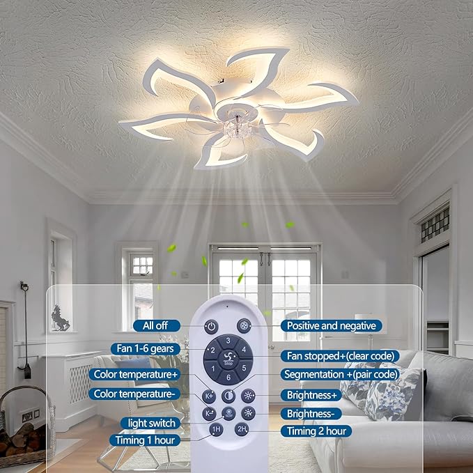 Modern Ceiling Fan with Lights Remote Control, 32" White Flush Mount Fan with 3 Light Colors, 6 Speeds Low Profile Ceiling Fan for Kitchen Bedroom