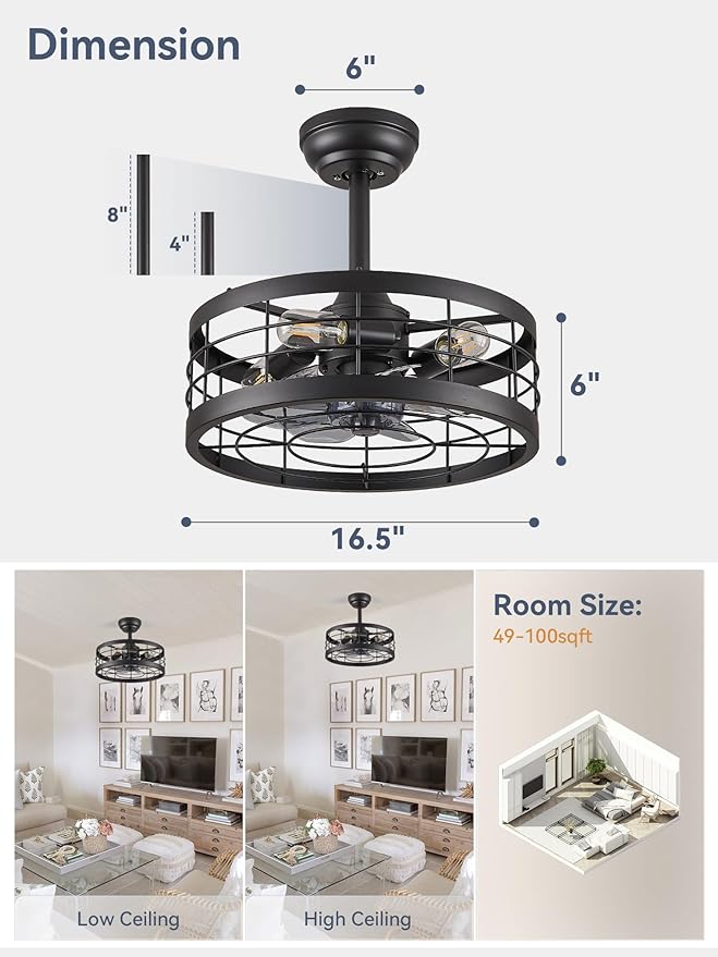LEDIARY 16.5 inch Black Caged Ceiling Fan with Light, Fandelier Industrial Ceiling Fan with Remote, Farmhouse Fan Lights Ceiling Fixtures for Kitchen, Bedroom, Outdoor（6 Speed, Timing）-Black
