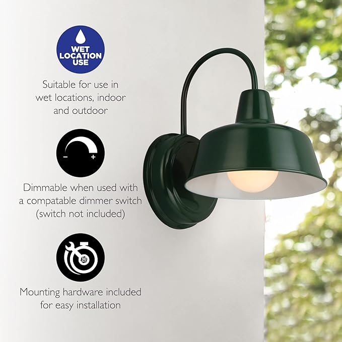 Mason Barn Light Indoor/Outdoor Wall Mount Modern Industrial Farmhouse Design House Wall Light for Patio, Garage, Bathroom, Office, Kitchen, 8-Inch, Forest Green, 579342