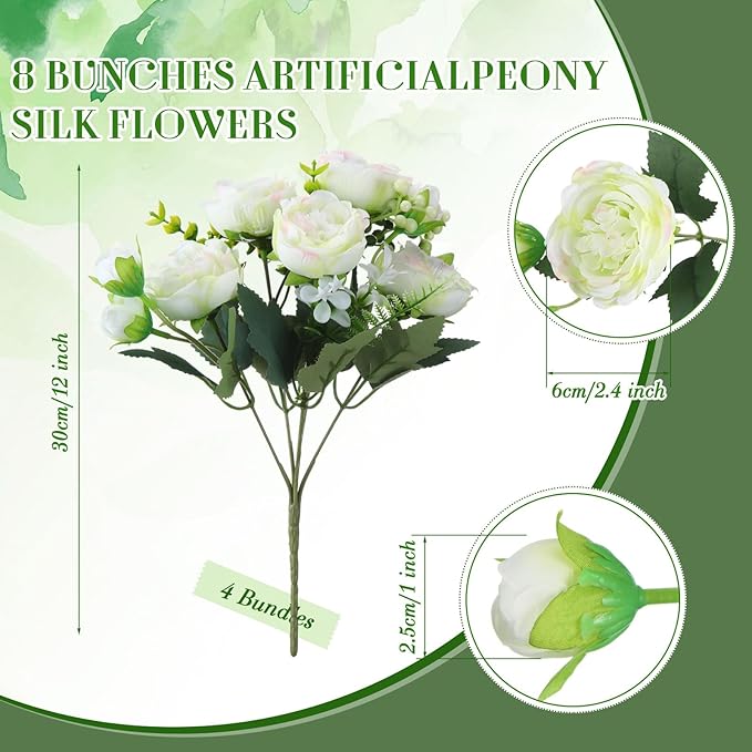 Geosar 8 Bundles Artificial Peonies Flowers Fake Silk Peony Bouquet Faux Peonies Flowers Bulk for Decoration Vase Floral Arrangements Wedding Party Table (White,Green)