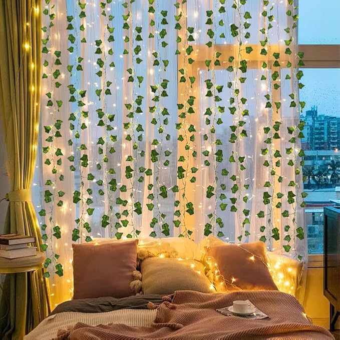 RECUTMS Vines with Lights Strings 59 Inches Wall Leaves Artificial Ivy Greenery Garland Fake Green Decorations Hanging Silk Leaf Plant All Year Round for Garden Office Wedding Table