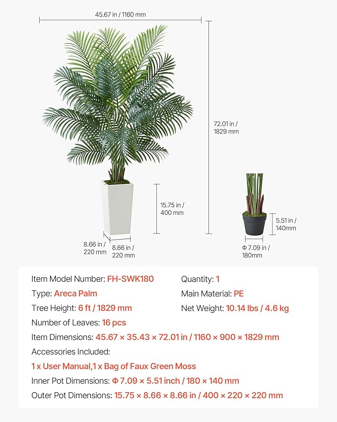 VEVOR Artificial Areca Palm Tree 6 ft, Fake Palm Tropical Plants with White Tall Planter, Faux Floor Silk Plant in Pot, Large Trees for Home Office Living Room Decor House Warming, Indoor Outdoor
