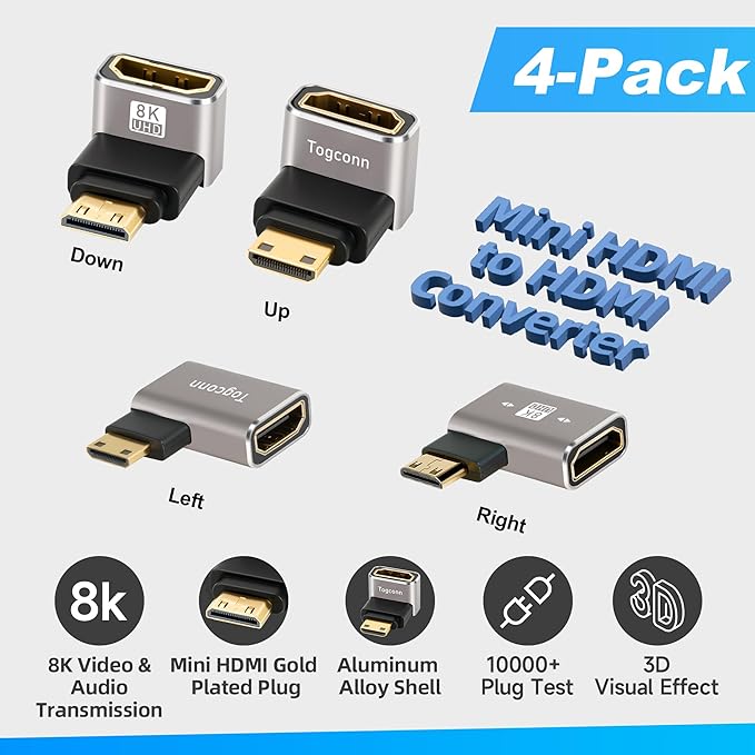 Right Angle HDMI to Mini HDMI Adapter 4 Pack, Multi-Type 90 Degree HDMI (Female) to Mini HDMI (Male) L-Shaped Extender Converter Connector Support 8K@60Hz, 4K@120Hz for Camera, Monitor, Raspberry Pi