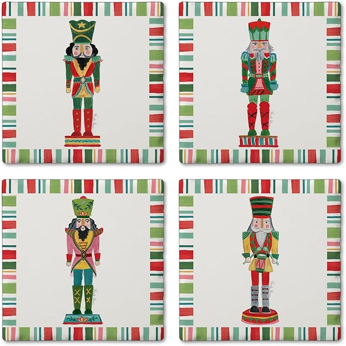 Thirstystone Holiday Nutcrackers 4 Pack Assorted Tumbled Tile Stone Coasters with Protective Cork Backing 4" Square Manufactured in The USA