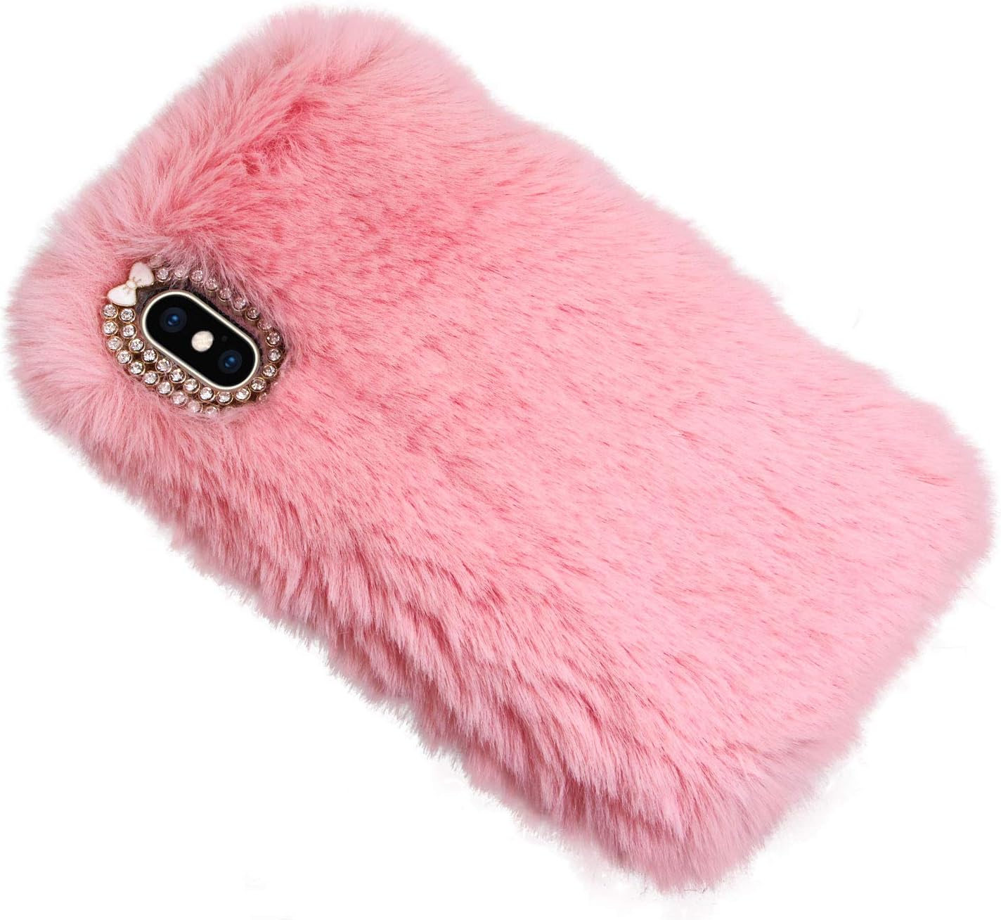 Plush Rabbit Fur Case for iPhone 6/6S, LCHDA Bunny Furry Fluffy Phone Case with Luxury Diamond Bowknot, Pink