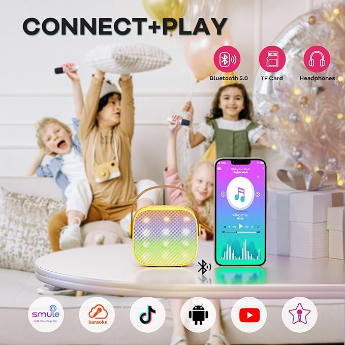 YLL Mini Karaoke Machine for Kids Adults, Portable Bluetooth Speaker with 2 Wireless Microphones, Birthday Gifts Toys for Girls Boys Ages 3, 4, 5, 6, 7, 8, 9,10,11,12+ Years Old Toddler (Yellow)