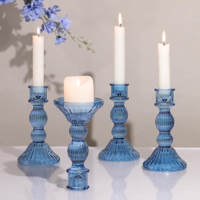 DARJEN Blue Candlestick Holders Set of 4 - Vertical Stripe Glass Candle Holders for Candlesticks and Taper Candles, Taper Candle Holder for Wedding Shower, Party, Dinner Table Decor