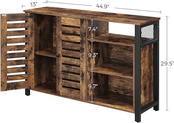VASAGLE Lowell Storage Cabinet, Sideboard with Adjustable Shelves and Louvered Doors, Industrial, 13" D x 44.9" W x 29.5" H, Rustic Brown