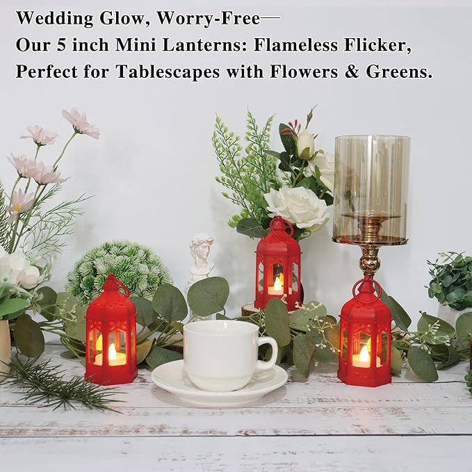 LLQ 8 Pcs Mini Lantern Decor Moroccan Lantern with Flickering LED Candle Table Centerpiece Small Vintage Christmas Hanging Lamp Ornaments Bulk for Wedding Halloween Christmas Party (5 Inch,Red)