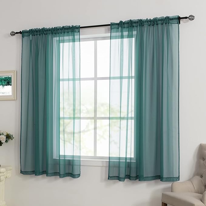HUTO Dark Teal Green Sheer Curtains 45 inches Long for Bedroom Top Rod Pocket Sheer Window Panels Curtains for Nursery Living Room 52 by 45 Inch Length Set of 2
