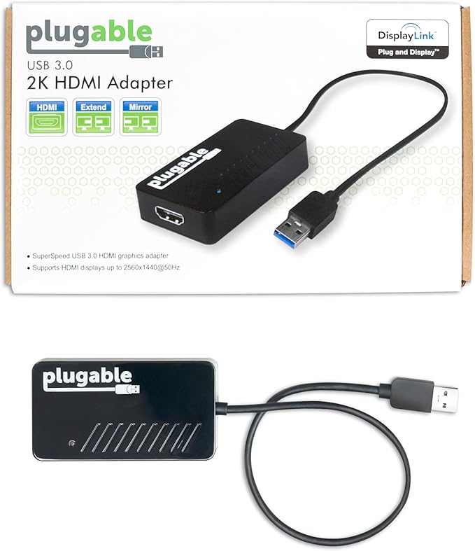 Plugable USB 3.0 to HDMI Video Graphics Adapter – DisplayLink Certified for Multiple Monitors up to 2560x1440 – External USB to HDMI Adapter Compatible with Windows 11, 10, 7, XP, and macOS