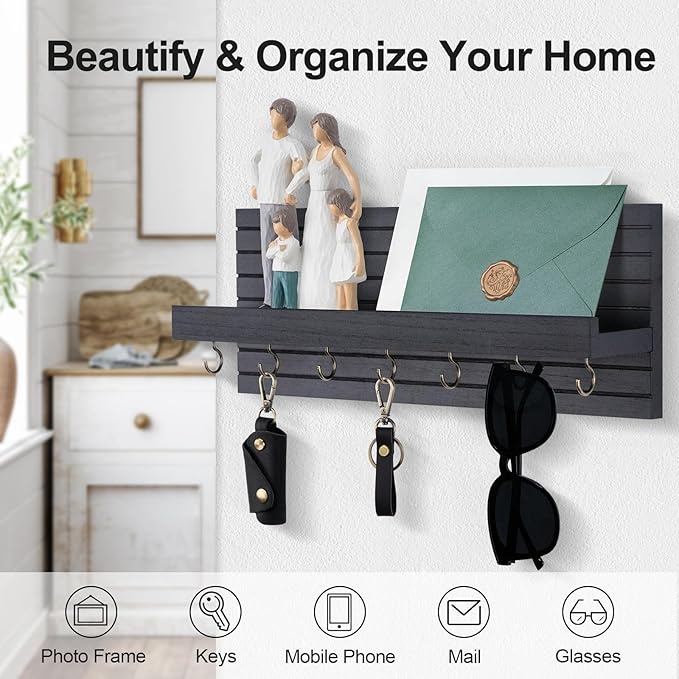 Decorative Key Holder for Wall with Shelf, Entryway Shelf with Hooks Holds Leashes, Jackets and Glasses – Sturdy Wood Keyholder Entrance Hanger with Mounting Hardware (Black, Large)